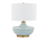 Aqua blue lamp, Robin's egg blue, Table lamp, Ceramic table lamp, Ceramic lamp, Linen lamp shade, Cream, White, Neutral linen, Gold accents, Brass, Striped lamp, JaBella Designs, Southern Living style