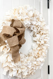 Handmade ivory fabric rag-tie farmhouse wreath
