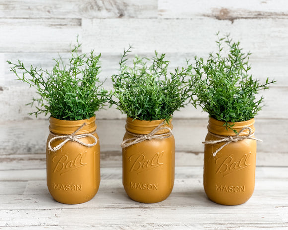 Mustard yellow hand-painted mason jar set