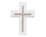 White cross with wooden beads on a white background