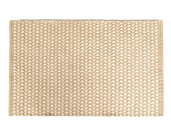 Lightweight beige and white accent rug

This lightweight rug is durable and reversible. It features a geometric diamond pattern of beige and white. It goes great with several different home decor styles. Kilim rugs are pileless and flat-woven. Its low height is easy to clean and move around, and is perfect for high traffic zones such as kitchens, hallways, and entryways. 

Materials:
Wool and cotton blend

Dimensions:
2' wide x 3' long

Care:
Spot-clean only 