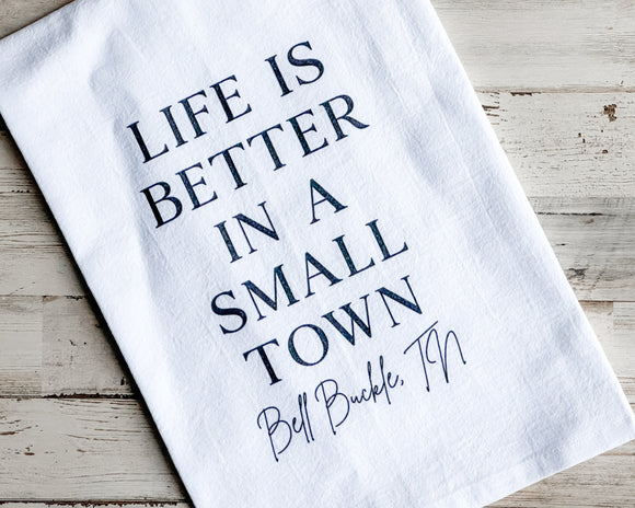 White 'Bell Buckle' kitchen towel
*Made to order*

Our cotton tea towels are heavy-weight, highly absorbent, and lint-free. This design features the phrase the 