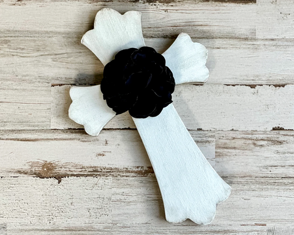 Black and white wooden wall hanging cross with center embellishment, JaBella Designs, Christian home decor