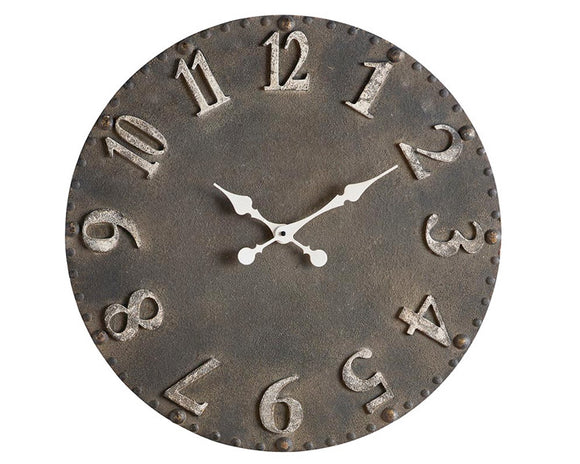 Large black wall hanging clock   Add rustic charm to a living room with this vintage-inspired clock. It features as a distressed black and white design with coordinating hands. At almost 2 feet in diameter, this clock is just the right size for an entryway.  Materials: Wood, metal  Dimensions: 23 1/2