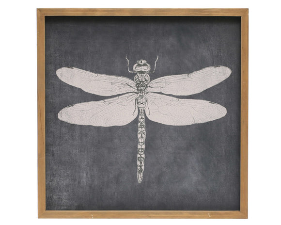 Add some fun to a patio wall or den with this fun piece of artwork. It features a white dragonfly atop a black background. The picture is featured in a brown wood frame. This print is perfect for summer decor or for year-round use.