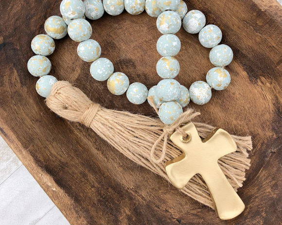 Duck egg blue blessing bead garland with cross