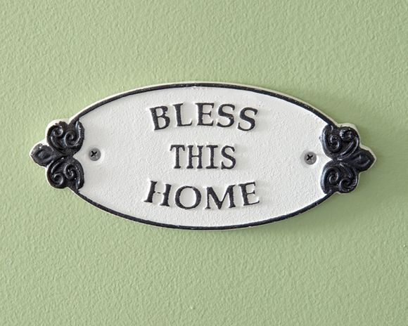 Welcome blessings into a home with this precious sign. It is crafted from cast iron and finished in black and white. To hang, use its two screw-hole hangers.

Materials:
Iron

Dimensions:
3