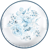 Blue &amp; white floral serving tray

This metal tray displays charming blue florals with a chinoiserie-inspired pattern along the sides of the tray. The designs are replicated from original art hand painted in a unique watercolor style. It includes dual metal handles for easy carrying. This is a vintage floral-themed home accent perfect for everyday use.

Materials:
Metal

Dimensions:
2" high x 12 1/2" diameter

Care:
Hand-wash only&nbsp;