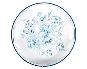 Blue &amp; white floral serving tray

This metal tray displays charming blue florals with a chinoiserie-inspired pattern along the sides of the tray. The designs are replicated from original art hand painted in a unique watercolor style. It includes dual metal handles for easy carrying. This is a vintage floral-themed home accent perfect for everyday use.

Materials:
Metal

Dimensions:
2" high x 12 1/2" diameter

Care:
Hand-wash only&nbsp;