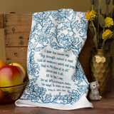 Blue and white Christian kitchen towel in blue floral
