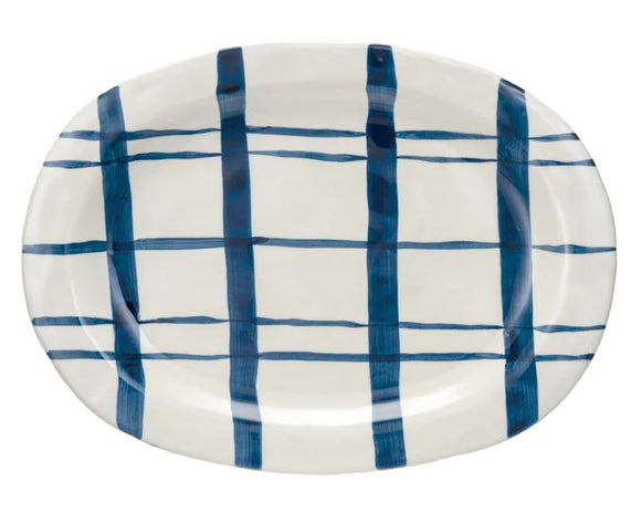 Blue platter, White and blue, Serving platter, White stoneware platter with dark blue lines painted on by hand, Serveware, Trays, JaBella Designs, Poplar Landing