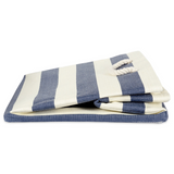 Folded blue and white striped blanket with rope detail on a white background