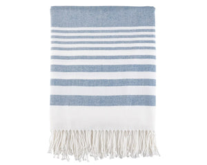 Blue accent blanket  Super soft and warm, this throw blanket is suitable for any bed or sofa. It's perfect to cozy up in front of the fire on cold nights, but it also adds a lovely decorative touch to your room. It's lightweight and easy to pack, which makes it a great travel blanket too, so you can easily take it with you on a plane or car ride.&nbsp;  Materials: Polyester and cotton blend 