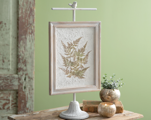Pressed botanical fern artwork on pedestal stand topped with bird, JaBella Designs
