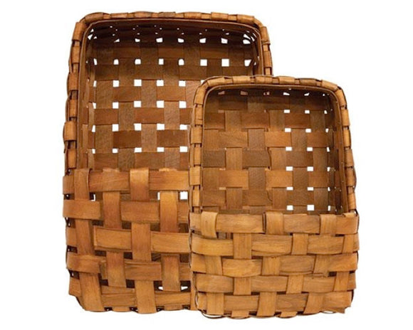 Sold as a set, these two country-style baskets are made from interwoven strips of natural wood. The baskets have a warm brown finish. They look great filled with artificial florals or used for storing mail, magazines, and more! They are easily nested for storage.