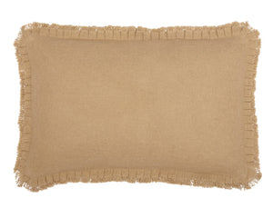 Warm, natural tan in a rustic burlap add a neutral, elegant accent to your living room or bedroom. Don't be confused, though. This pillow is soft! It features a pleated ruffle with light fringe. The cover is detachable with button-style enclosures for easy care. Given its versatile size, this pillow would work well on a sofa or bed.