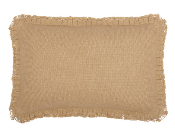 Warm, natural tan in a rustic burlap add a neutral, elegant accent to your living room or bedroom. Don't be confused, though. This pillow is soft! It features a pleated ruffle with light fringe. The cover is detachable with button-style enclosures for easy care. Given its versatile size, this pillow would work well on a sofa or bed.