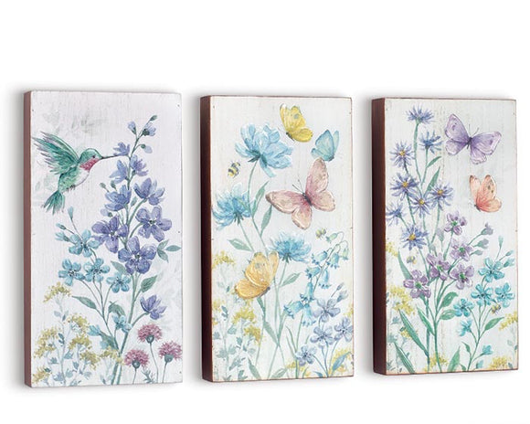 Pastel wildflower three-piece wall hanging art featuring hummingbird butterflies bumble bees, purple flowers, pink flowers