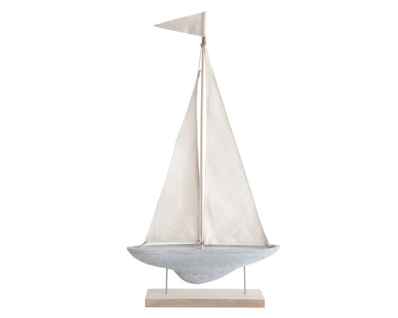 Decorative sailboat, Cement and fabric sailboat on stand, Sailboat mantel, Light blue boat, Fabric sails, Cream, JaBella Designs, Home decor