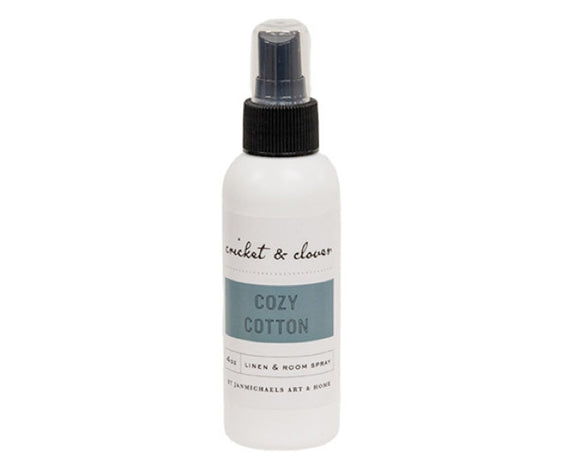 Cozy cotton room spray  This 4-ounce bottle of room spray features the fresh scent of crisp, perfumed cotton linens. The spray is packaged in a white bottle with a black spray nozzle and cap, as well as a chic sticker label. Spritz this spray onto bed sheets, blankets, pillows, rugs, and around any room in the home for a clean and uplifting ambience. This is a great product to add to a gift basket or Christmas stocking.  This item is proudly made in the USA.  Materials: Plastic, room spray