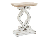 This vintage end table provides style and function. Use this table to hold TV remotes, a lamp, candles, books, a plant or a decorative corbel. The options are endless. The top of the table is made of fir wood. The table base offers unique curves for a vintage-inspired appeal. This is a great piece for a smaller space and would make a great gift for a recent college graduate.&nbsp;