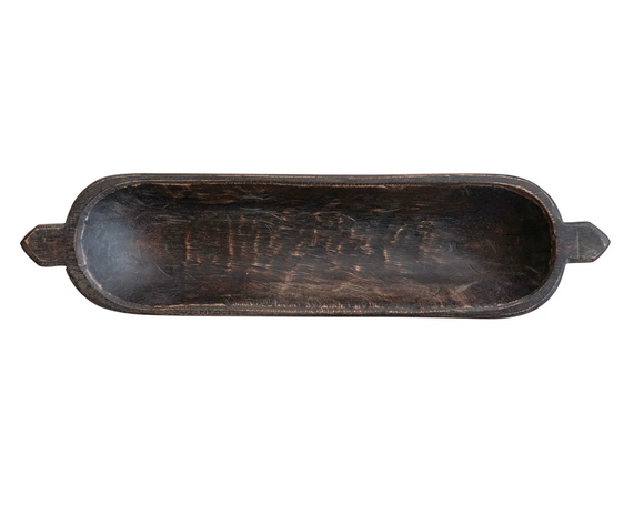 Long dark brown wooden tray on a white background