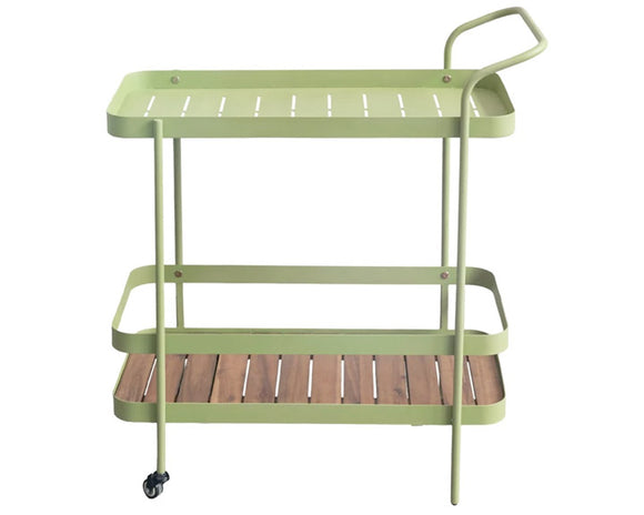 Metal bar cart with acacia wood shelf on casters

Add a bit of flair with these fun bar cart. It features a bright green finish accented with a slatted acacia wood shelf along the bottom. It also comes on casters. This bar cart may be used indoors, as well as outdoors with proper care. 

Materials:
Metal, acacia wood, rubber

Dimensions:
29 1/2