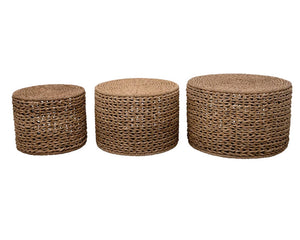 Handwoven water hyacinth nesting tables

These nesting tables come in a set of three. They are perfect for easy stacking when more floor space is needed and spreading out when lacking surface area. The natural finish gives an airy and understated look. These nesting tables will make a great addition to a room's rustic home decor.

Materials:
Water hyacinth

Dimensions:
Smaller table -
16 1/2" high x 20" diameter

Medium-size table -
17" high x 24" diameter

Largest table -
19" high x 29" diameter