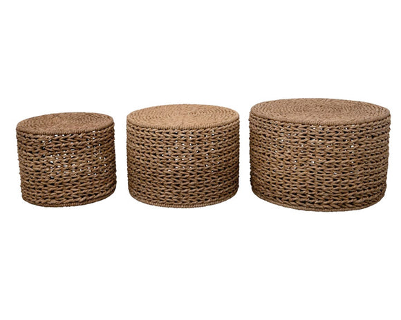 Handwoven water hyacinth nesting tables

These nesting tables come in a set of three. They are perfect for easy stacking when more floor space is needed and spreading out when lacking surface area. The natural finish gives an airy and understated look. These nesting tables will make a great addition to a room's rustic home decor.

Materials:
Water hyacinth

Dimensions:
Smaller table -
16 1/2
