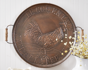 Nothing completes a country kitchen better than rooster decor. Display this shinny, antique copper-finished tray on a wall for a dazzling touch. To hang, use its triangle hanger.<br><br>Materials:<br>Metal, wood<br><br>Dimensions:<br>18 1/2" wide x 1 1/2" deep x 22" wide