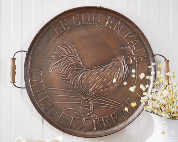 Nothing completes a country kitchen better than rooster decor. Display this shinny, antique copper-finished tray on a wall for a dazzling touch. To hang, use its triangle hanger.<br><br>Materials:<br>Metal, wood<br><br>Dimensions:<br>18 1/2