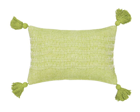 Bright green lumbar pillow with tassels   This handwoven pillow features a bright solid color that acts as a base layer, letting you mix and match with your favorite patterns and textures to build a one-of-a-kind pillow story. It is made with a cotton blend fabric dyed in a bright citron green color. Each corner is accented with a matching tassel.  This item is proudly made in the USA.  Materials: Cotton blend, polyester fill  Dimensions: 14
