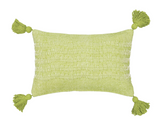 Bright green lumbar pillow with tassels&nbsp;  This handwoven pillow features a bright solid color that acts as a base layer, letting you mix and match with your favorite patterns and textures to build a one-of-a-kind pillow story. It is made with a cotton blend fabric dyed in a bright citron green color. Each corner is accented with a matching tassel.  This item is proudly made in the USA.  Materials: Cotton blend, polyester fill  Dimensions: 14" high x 4" deep x 22" wide