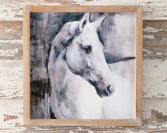 White stallion horse framed artwork

This white stallion artwork has a wood frame and has an MDF backing. This piece hangs with two saw-tooth hangers on the back. 

Materials:
Wood

Dimensions:
14