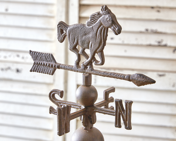 Inspired by an antique weathervane, this tabletop stand will work well with any country or western decor. This weathervane features a horse at its peak and a rustic finish. This item is stationary. It does not move with the wind. 