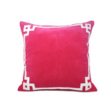 Large down-filled hot pink square preppy throw pillow

Hot pink heavy cotton velvet is accented with, in this case, white Greek key trim on the pillow front. This decorative pillow is crafted from 100% cotton velvet featuring hand-stitched trim in a Greek Key pattern. Soft velvet and cotton trim adds a luxurious texture element to this Old Hollywood-inspired pattern. These luxury pillows will make a statement in any room!

Materials:
Velvet, down-filled insert

Dimensions:
24" wide x 24" high