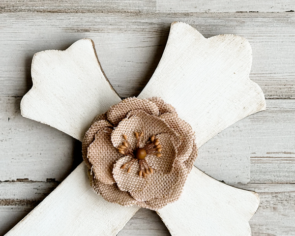 Antique white wall cross with burlap flower