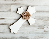 Antique white wall cross with burlap flower