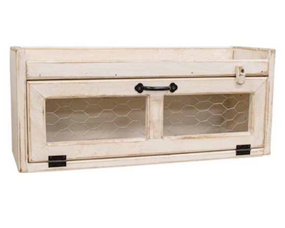 Antique white countertop box with chicken wire door

This countertop box is a versatile organization solution crafted with rustic farmhouse style. Made from wood with a distressed antique white painted finish, the box has a long horizontal storage compartment. The attached door features chicken wire panels, a metal handle, and a wooden frame, with a rotating clip that helps keep the door closed. A ledge around the top of the box makes it a great surface for decorative or functional displays.

This item is p
