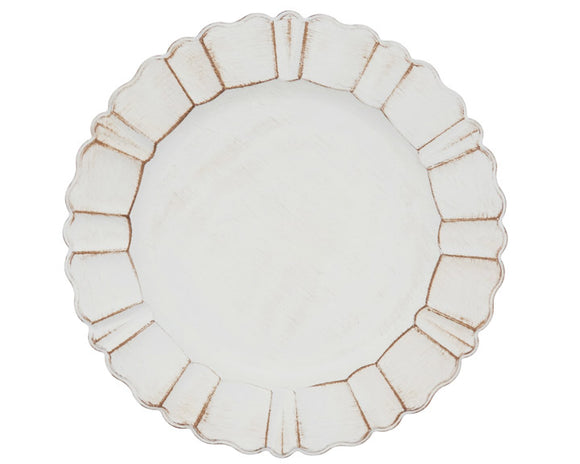 Ivory distressed plate chargers  Bring your table decor to the next level with these gorgeous plate chargers. Featuring a light, ivory finish, and shaped with an antiqued scalloped trim, the round charger plates add a graceful note. Pair with elegant dinnerware and linen table napkins for a timeless display.  These chargers, which are not food safe, are sold individually or in lots of four.  Materials: Plastic  Dimensions: 13