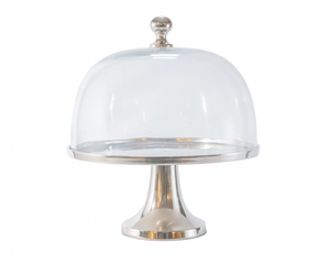 Experience the elegance and functionality of this cake stand. It is a great size for showcasing your baked goods. It will add a touch of sophistication in your kitchen and dining room. It comes with a silver finish and a glass dome cover that is topped with silver handle.  Materials: Glass, aluminum  Dimensions: 12" tall x 12 1/2" diameter