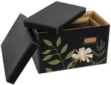 Hand-painted decorative storage boxes with cream flowers and greenery on top of a black background, JaBella Designs, Shopify