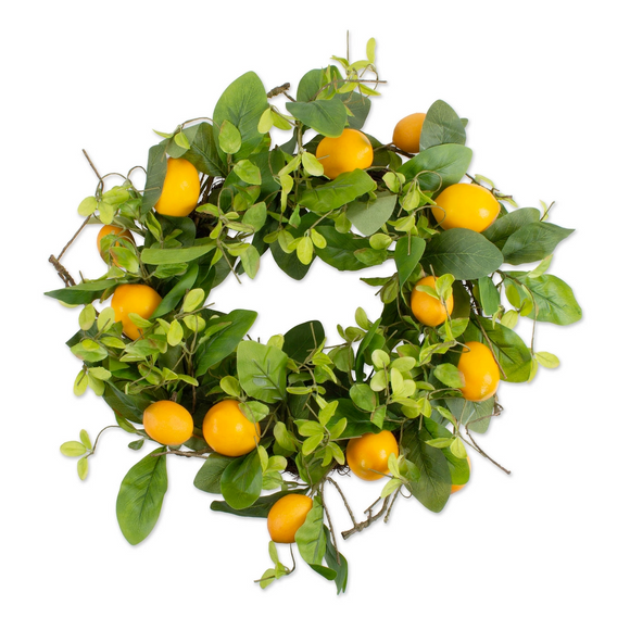Yellow lemon greenery wreath

Brighten up a pantry door with this adorable lemon wreath. It features artificial lemons atop a faux greenery and vines. Whether your decor style is country or traditional, this wreath is perfect for summer.

Materials:
Plastic, silk, fabric

Dimensions:
20