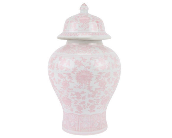 This beautiful new porcelain ginger jar is a showstopper. A great mid-sized jar, it cluld be used just about anywhere. Fill it with flowers, wrapped food, or even display it alone on an entryway table. The possibilities are endless!  Materials: Porcelain  Dimensions: 8 1/2