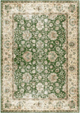 An area rug with an intricate traditional floral pattern, featuring a dominant forest green center field surrounded by cream, beige, and muted brown borders.