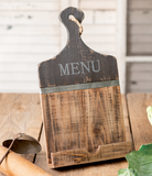 Use this item to display tonight's supper! It features the word "Menu" on the top of the holder atop a darker brown background. It sits on a table using an easel back. This tablet stand would make for a great gift.

Materials:
Wood

Dimensions:
8 3/4" wide x 2" deep x 16" high