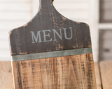 Use this item to display tonight's supper! It features the word "Menu" on the top of the holder atop a darker brown background. It sits on a table using an easel back. This tablet stand would make for a great gift.

Materials:
Wood

Dimensions:
8 3/4" wide x 2" deep x 16" high