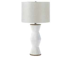 White geometric lamp, Tall white table lamp with wooden top and bottom and linen shade