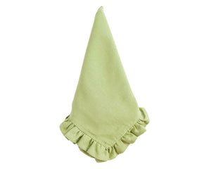 Moss green ruffle cloth napkin

Add a little fancy to your daily routine. These cloth dinner napkins always feel elegant even when take-out Thai and a box of wine do not. Color-fast dyes are used, and these napkins do not require ironing. These napkins will soften with age, but hold their shape for many years of gracious living.

These napkins are sold individually or in sets of four.

This item is proudly made in the USA.

Materials:
100% Cotton

Dimensions:
20" wide x 20" long

Care:
Machine washable