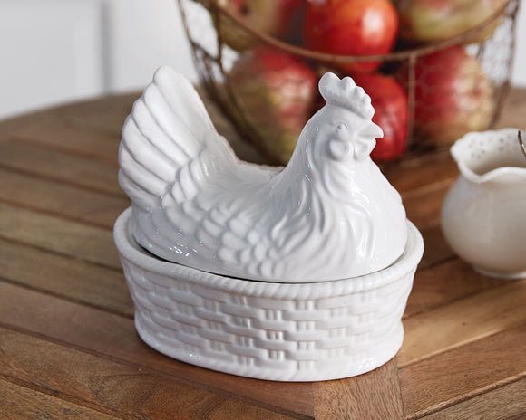 Mother hen ceramic container, White hen sitting on nest kitchen food container, Butter dish, Candy dish, Country home decor, Farmhouse kitchen decor, Ceramic food storage